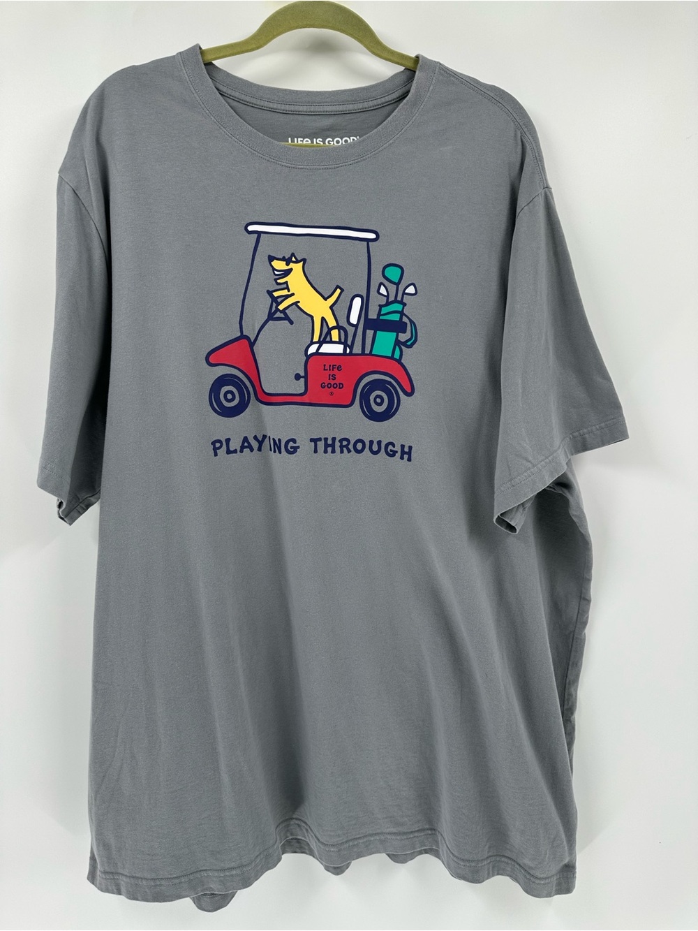 Life Is Good Gray Mens Short Sleeve Tee with Golf Cart & Dog Graphic